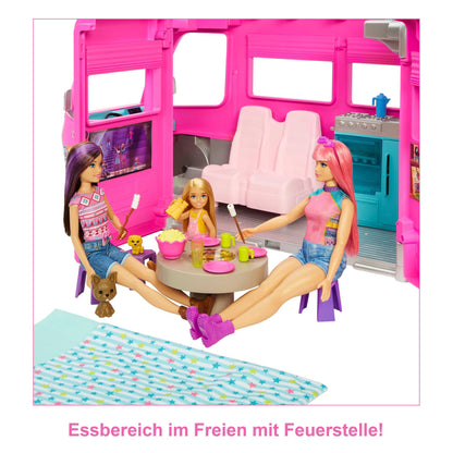 Barbie Super Adventure Camper Vehicle, with 7 play areas, including pool and slide, 60 camping accessories, doll, gift, suitable for ages 3 and up, HCD46.