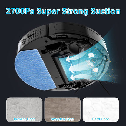 Robot vacuum cleaner, Tikom G8000 robotic vacuum with mopping function, 2700Pa suction power, Wi-Fi, for pet hair, carpets, and hard floors, Black