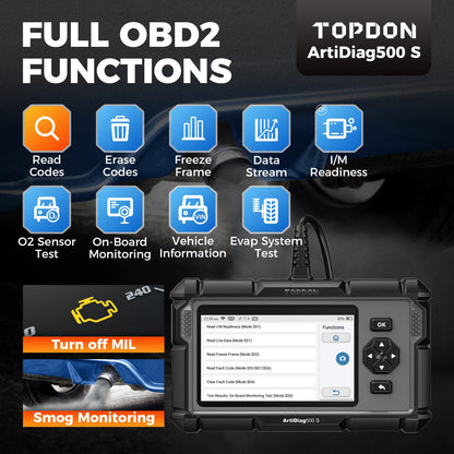 TOPDON OBD2 Diagnostic Tool Auto AD500S, 4 diagnostics for ABS SRS engine and transmission, 5 service functions for oil, BMS, ABS, DPF, and throttle body adjustment, free lifetime upgrade.