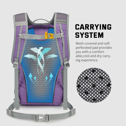 SKYSPER lightweight hiking backpack with back ventilation, made of breathable 3D Air Mesh polyester. Perfect for camping, outdoor activities, and hiking.
