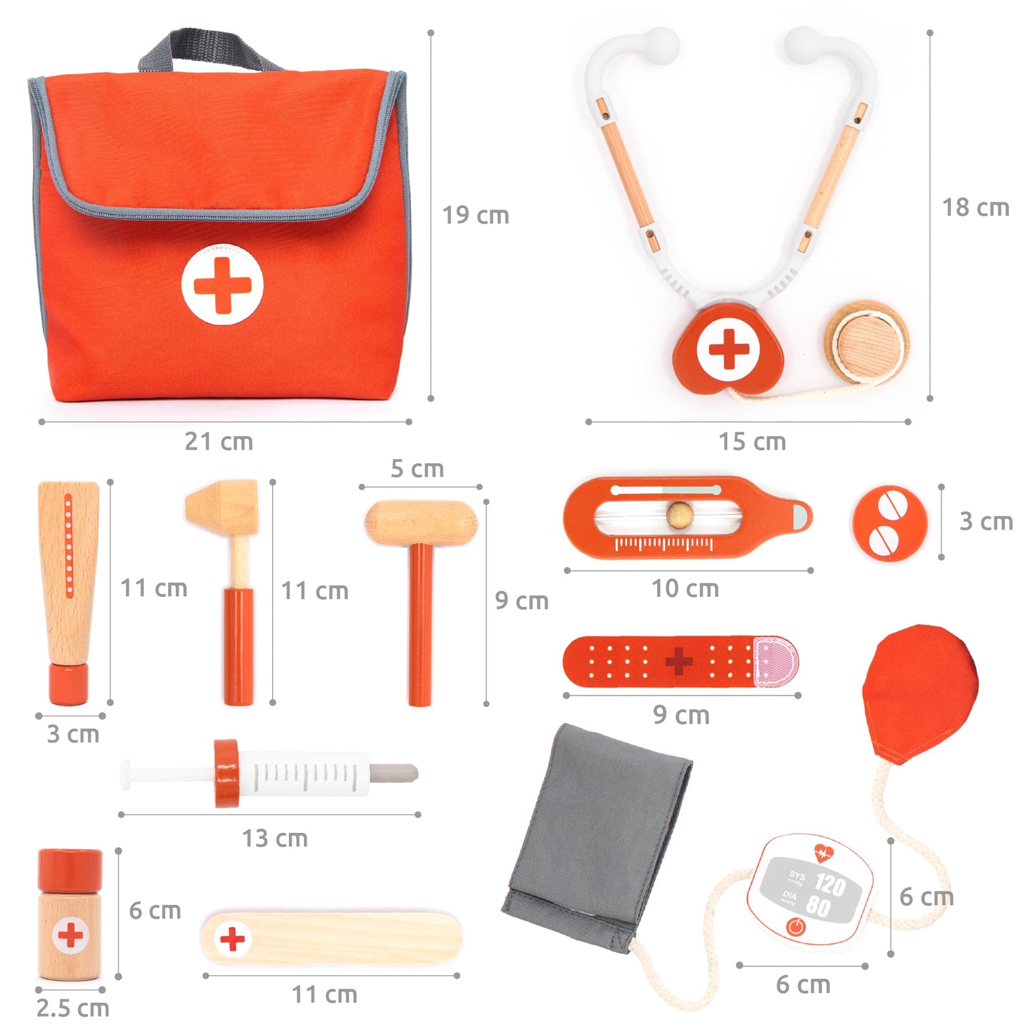 UMU® Mini Doctor Case Children's Play Set made of wood - with stethoscope, blood pressure monitor and more, doctor's case toy for role-playing, 14-piece medical kit for children aged 3, 4, 5 years.