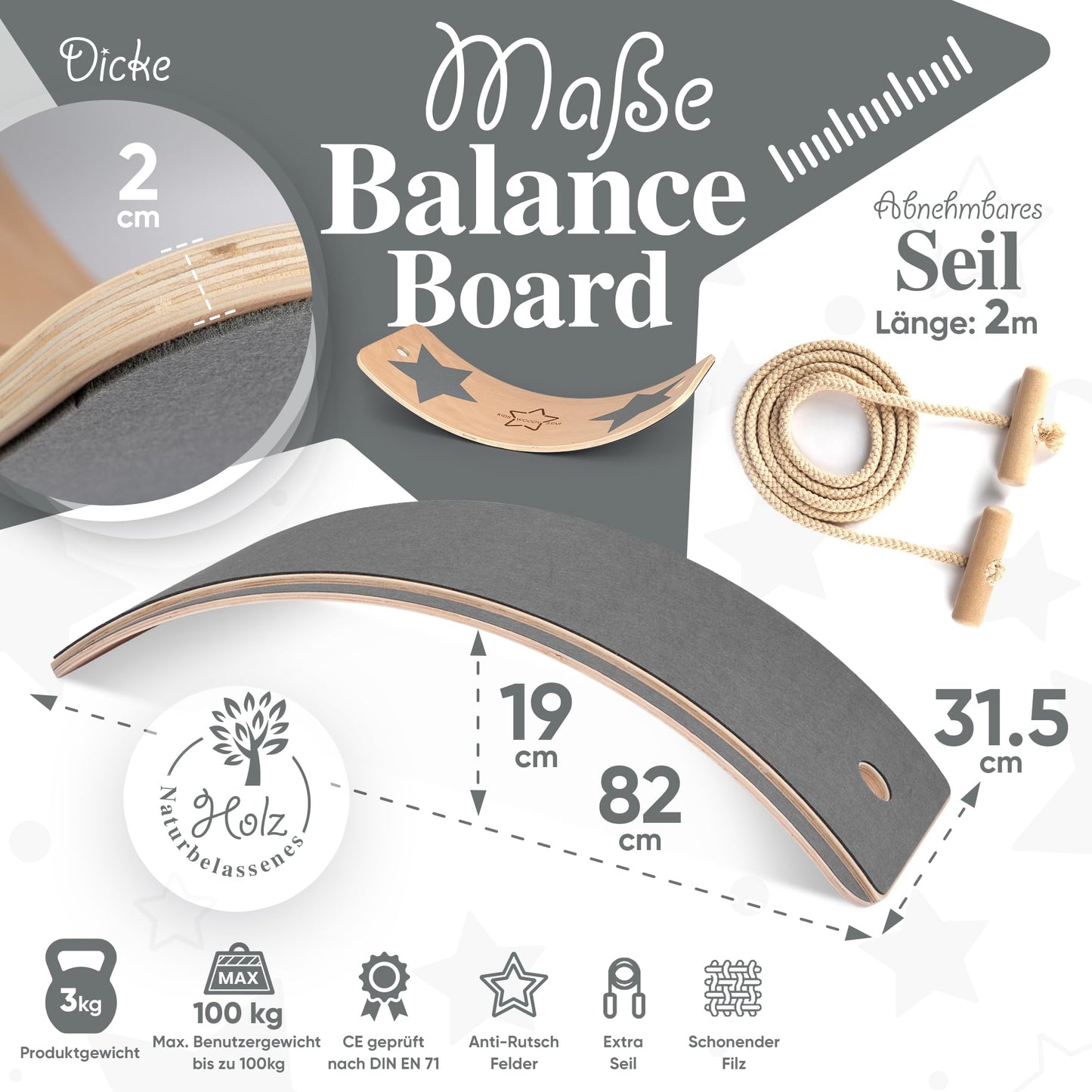 Kids Woody Star® Balance Board Children Wooden 80x30cm [EXTRA Rope+Felt+Anti-Slip] Montessori Toy from 3 years | Rocking Board Balance Board | Balancing Children Wooden Toy | Balance Board