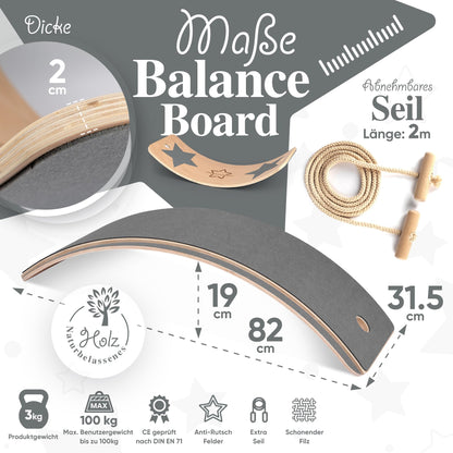 Kids Woody Star® Balance Board Children Wooden 80x30cm [EXTRA Rope+Felt+Anti-Slip] Montessori Toy from 3 years | Rocking Board Balance Board | Balancing Children Wooden Toy | Balance Board