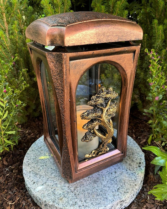 Grave lamp with tree motif NEW! Handmade - 27 cm H. Grave candle Grave decoration Grave ornament Garden lamp incl. Grave candle without decoration and base.