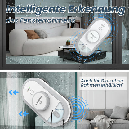 AlfaBot X8 window cleaning robot, electric window cleaner robot, glass cleaning robot with water spraying function in two directions, remote control, voice support in English, auto sprayer.