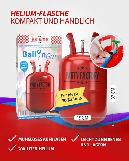 Party Factory helium gas for 30 balloons, helium gas cylinder with gas for latex, foil, and LED balloons, perfect for wedding, birthday, corporate event.