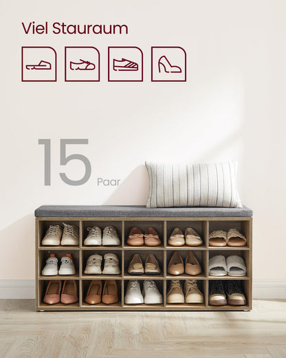 VASAGLE shoe bench, shoe rack with seat, bench with storage, cushion, 15 compartments, for living room, hallway, 30 x 105 x 48 cm, turquoise-brown-dove gray LHS015T60