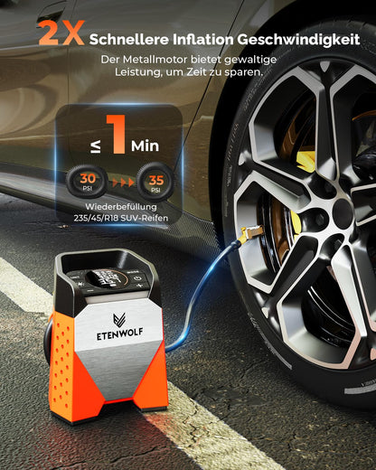 ETENWOLF ZEPHYR S3-7800mAh Electric Air Pump, 160 PSI/11.03Bar Portable Air Compressor for Car, Motorcycle, Bicycle, Balls. 1 Minute Quick Inflation, Digital LED Lights, USB Power Bank.