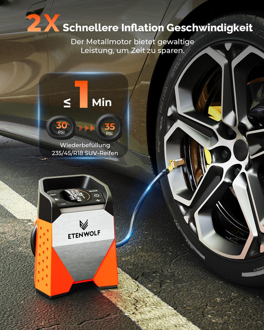 ETENWOLF ZEPHYR S3-7800mAh Electric Air Pump, 160 PSI/11.03Bar Portable Air Compressor for Car, Motorcycle, Bicycle, Balls. 1 Minute Quick Inflation, Digital LED Lights, USB Power Bank.