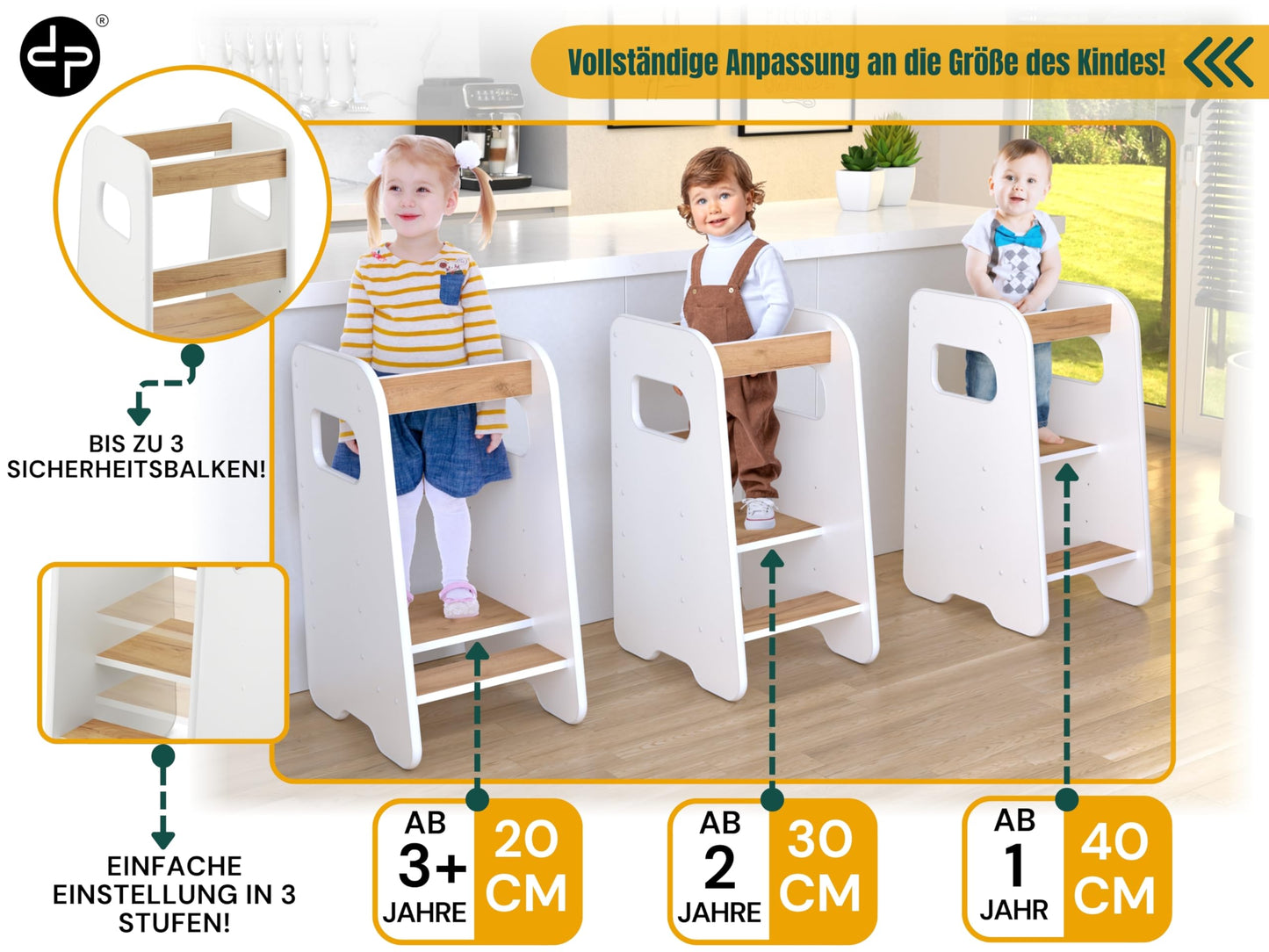 defiPad learning tower from 1 year - 3 levels adjustable in height, safe & stable - Learning Tower with tilt protection - Montessori learning tower for children - Made in the EU White - White & Oak