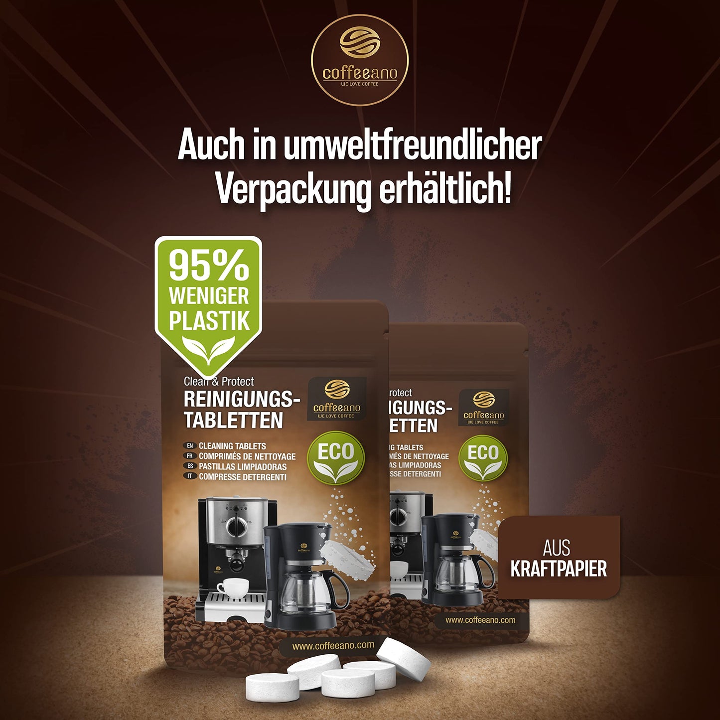 Coffeeano 150 cleaning tablets for fully automatic coffee machines and coffee makers. Cleaning tabs for Delonghi, Siemens, EQ Series, Jura, Krups, Bosch, Miele, Melitta, WMF, and more.