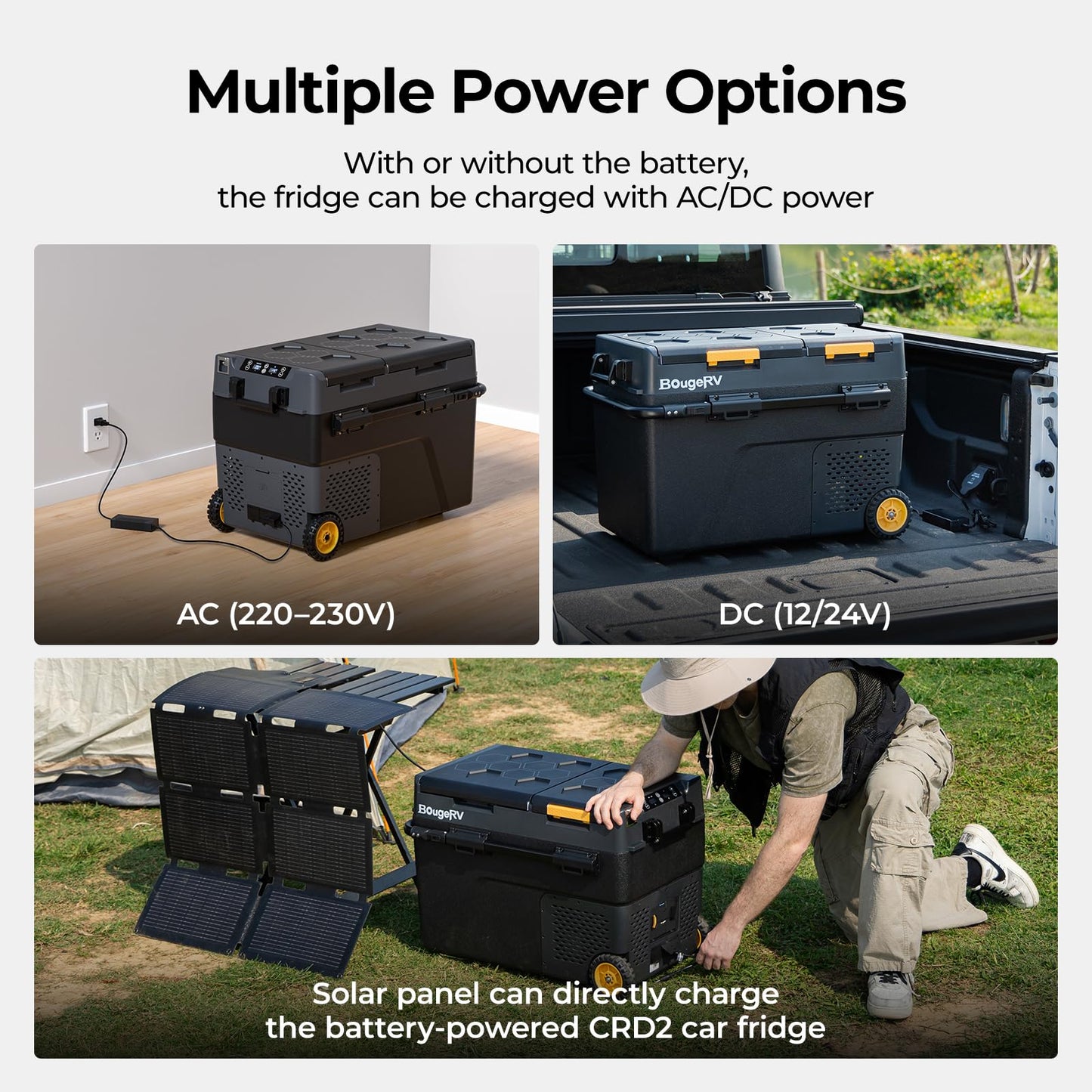 BougeRV CRD2 compressor refrigerator 49L with freezer compartment, dual doors, dual zones (improved aluminum handle). Car fridge with wheels, 12V/24V 230V, camping electric cooler with APP control, -20°C~20°C.