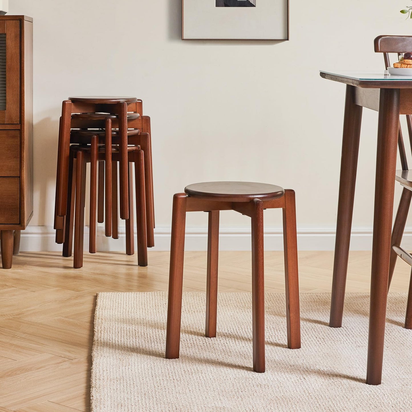 YMYNY dining chairs, solid wood bar stools, set of 4 bar stools, round ottomans, work stools, space-saving, stackable, for conference room, living room, dining room, kitchen, walnut brown HBD026H-4.