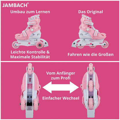 JAMBACH Children's Inline Skates with protective gear, adjustable to roller skates with LED lights (Pink-White, XS (26-29))