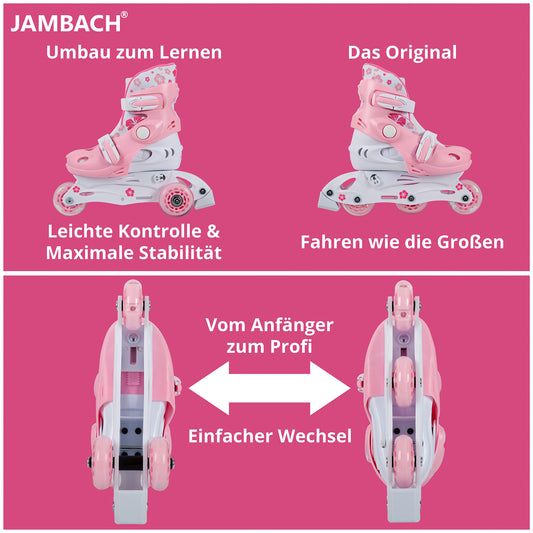 JAMBACH Children's Inline Skates with protective gear, adjustable to roller skates with LED lights (Pink-White, XS (26-29))