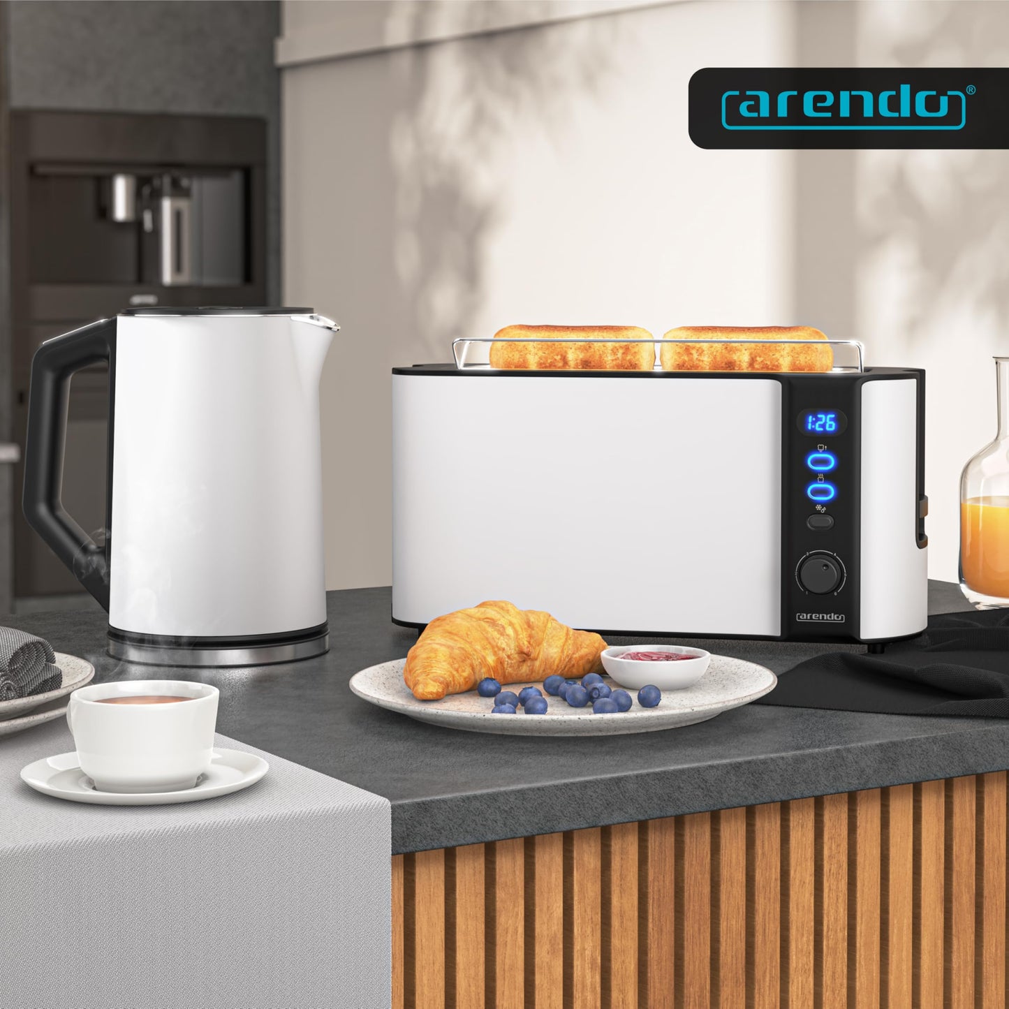 Arendo - Long Slot 2-Slice Toaster - Defrost Function - 1000W - Double-wall housing - Integrated bun warmer - Browning levels 1-6 - Display with remaining time indication - Stainless Steel white