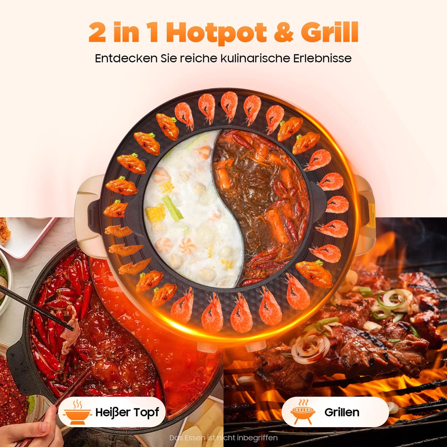 Charocean 2000W Hot Pot Electric Hotpot Pot 220V Electric Grill 2 in 1 Multifunction Electric Grill Hot pot with Removable Cooking Plate, Electric Hot Pots for Dorm Home (Gold)