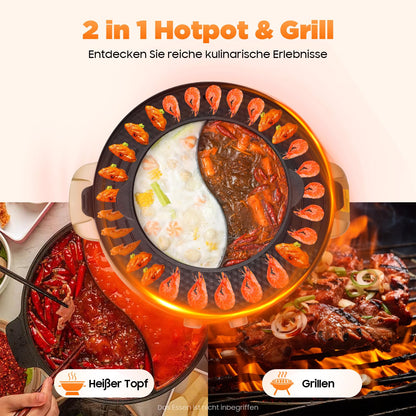 Charocean 2000W Hot Pot Electric Hotpot Pot 220V Electric Grill 2 in 1 Multifunction Electric Grill Hot pot with Removable Cooking Plate, Electric Hot Pots for Dorm Home (Gold)