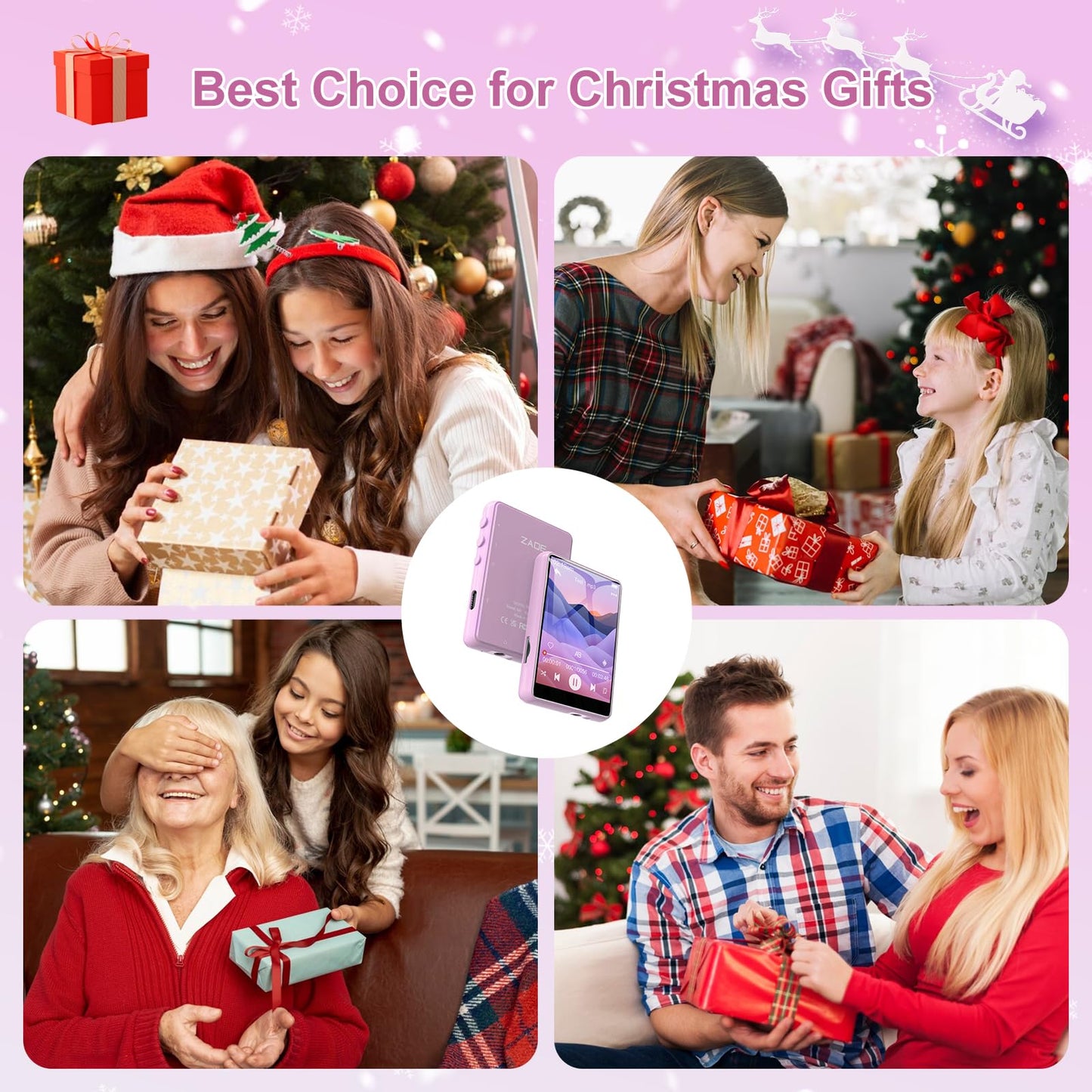 64GB MP3 player with Bluetooth 5.3, 2.4 inch full touchscreen, portable music player with HiFi lossless digital audio, speaker, FM radio, E-Book, supports up to 128GB. Available in pink.