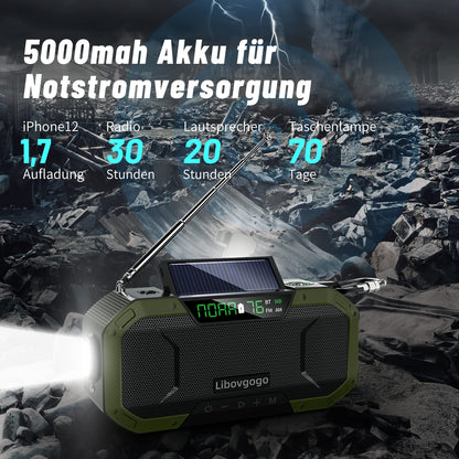 Libovgogo DF-580Pro 5000mAh hand-crank radio with phone charging function, solar, 7W IPX5 waterproof Bluetooth speaker, portable auto-scan AM/FM emergency radio with flashlight LED reading light for outdoor camping.