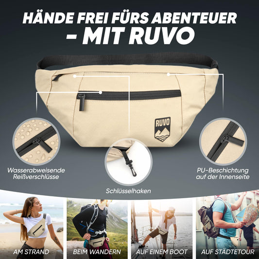 RUVO® Waist Bag for Men and Women | stylish fanny pack with maximum storage space | 4 compartments each with zipper | suitable for all activities.