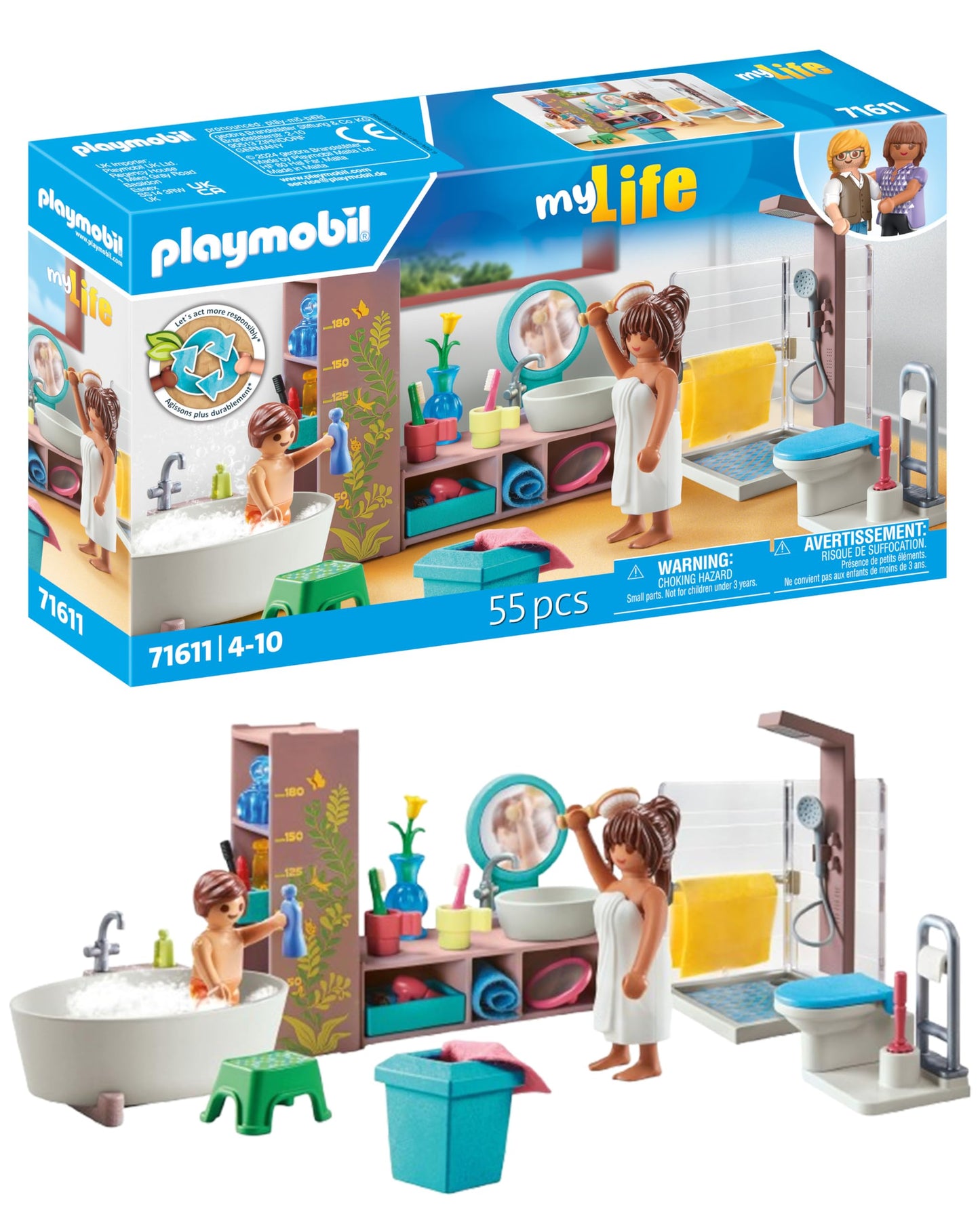 PLAYMOBIL MyLife 71611 Bathroom, including two figures and numerous accessories, made from over 80% recycled and bio-based materials, detailed toy for children ages 4 and up.