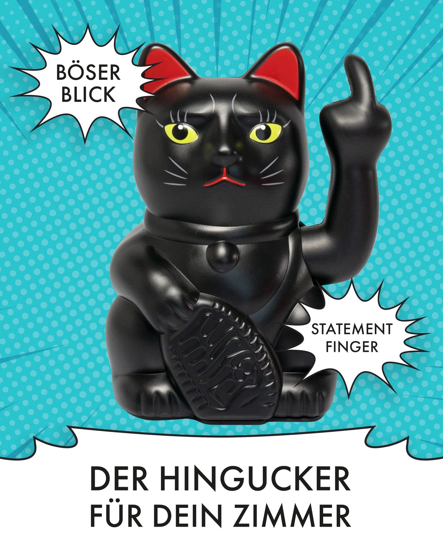 ANGRY CAT - Lucky CAT - Funny waving cat - Japanese waving cat with middle finger - Decorative wobble figure cat - Waving arm with middle finger - 15cm - BLACK-MATT