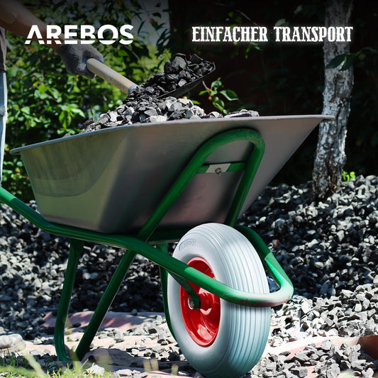 Arebos wheelbarrow wheel made of puncture-proof PU solid rubber. Load capacity 200 kg. Tire with steel rim. 4.80/4.00-8. Replacement wheel with axle. Diameter 390 mm. Grey.