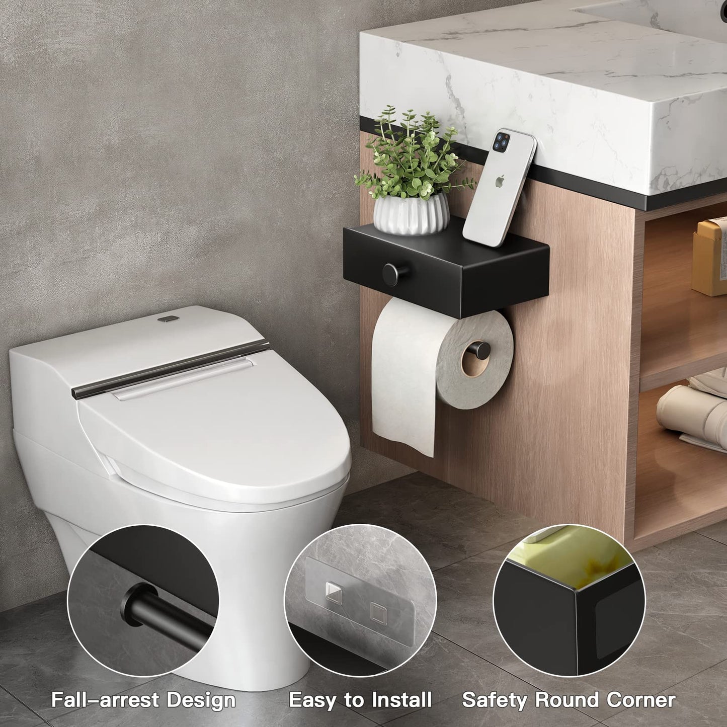 VOLDRA Toilet Paper Holder Without Drilling, Toilet Paper Holder With Wet Wipes Box Toilet Roll Holder With Drawer Shelf Paper Holder for Toilet & Bathroom - Wall Mount (Matte Black)