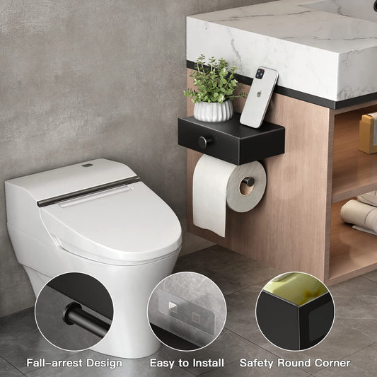 VOLDRA Toilet Paper Holder Without Drilling, Toilet Paper Holder With Wet Wipes Box Toilet Roll Holder With Drawer Shelf Paper Holder for Toilet & Bathroom - Wall Mount (Matte Black)