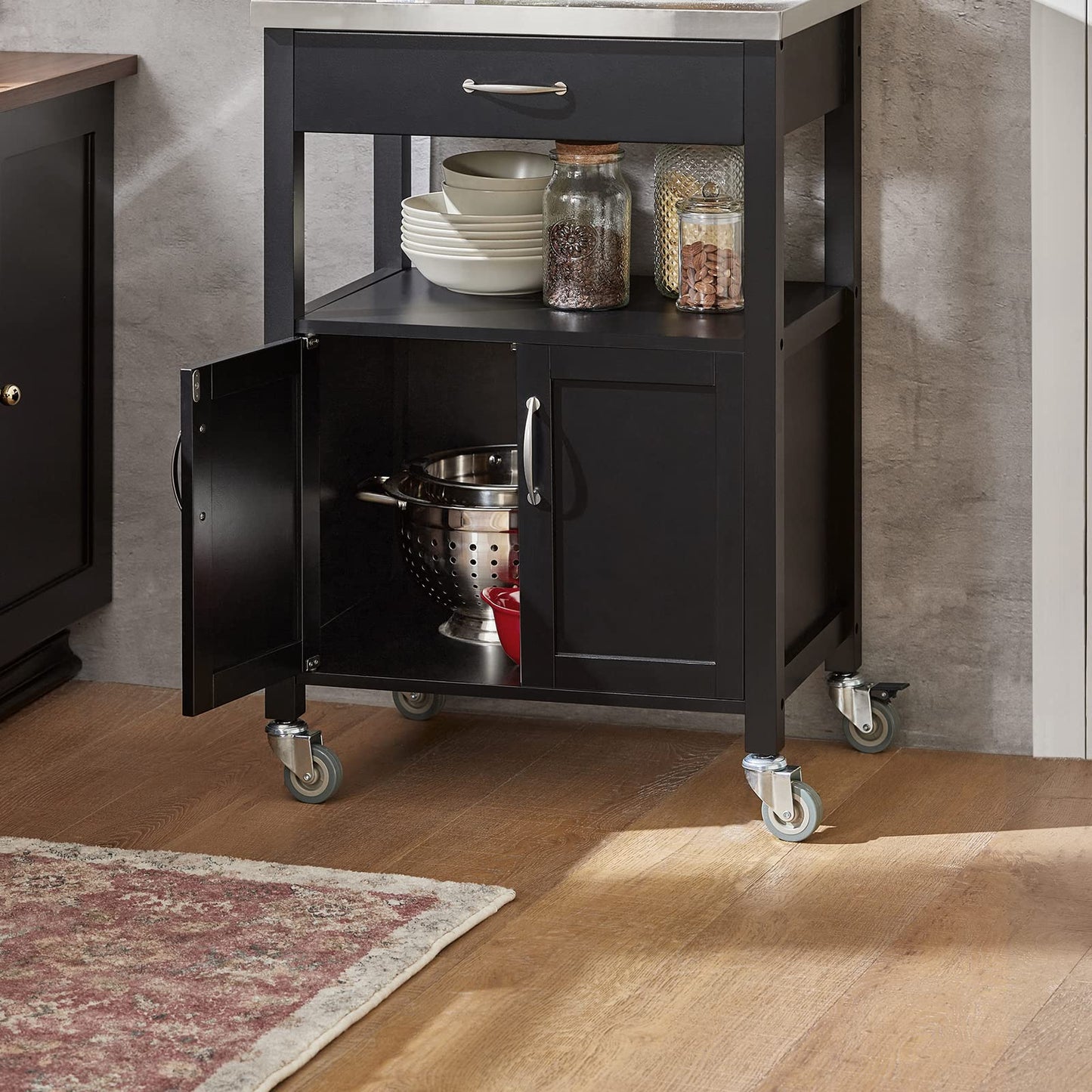SoBuy Kitchen Cart with Worktop Serving Trolley with Wheels Side Table Wooden Trolley Kitchen Shelf Standing Versatile Kitchen Cabinet for Kitchen, Outdoor & Bedroom Black 60x92x45cm FKW22-SCH