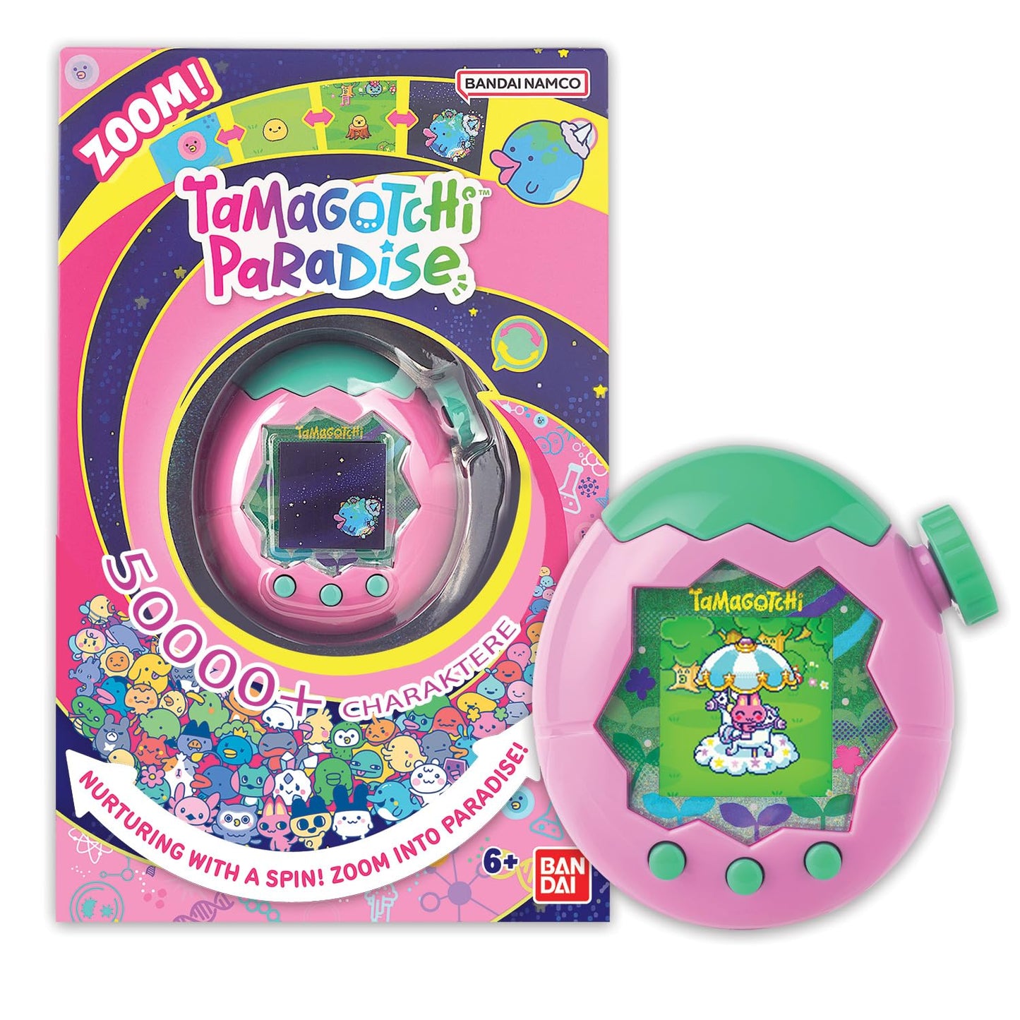 Bandai - Tamagotchi Heaven Earth - Virtual pet to care for - Tamagotchi interactive toy in German, Zoom - Earth model in pink and green - Toy for kids ages 6 and up - 43421