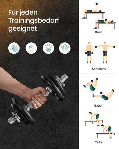 SONGMICS 2-in-1 Dumbbells, 2 x 10 kg dumbbell set made of cast iron, adjustable, dumbbell set with connecting rod, workout, weightlifting for home, gym, ink black SYL20LBKV1
