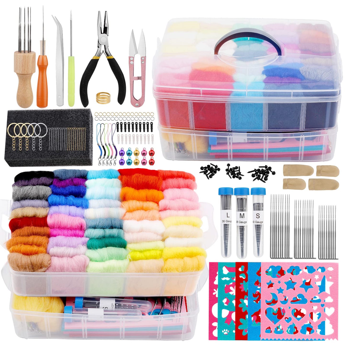 Ruasol needle felting kit, complete needle felting tool and accessories with 50 colors of wool, needle felting starter set with felt molds, high-density foam storage box for felting animal crafts.