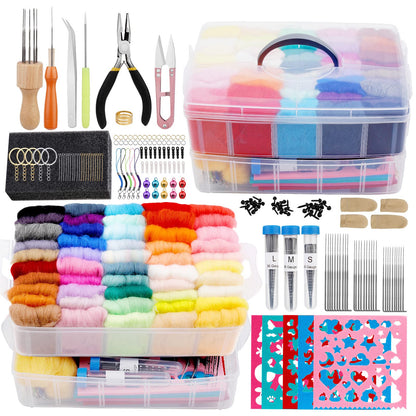 Ruasol needle felting kit, complete needle felting tool and accessories with 50 colors of wool, needle felting starter set with felt molds, high-density foam storage box for felting animal crafts.