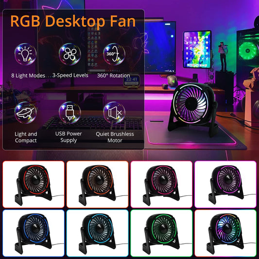 Litake USB Desk Fan RGB, Small Φ15cm Quiet Mini USB Fan with 8 light modes & 3 speeds 360° rotation 152cm cable Portable Desk Fan for rooms offices car travel