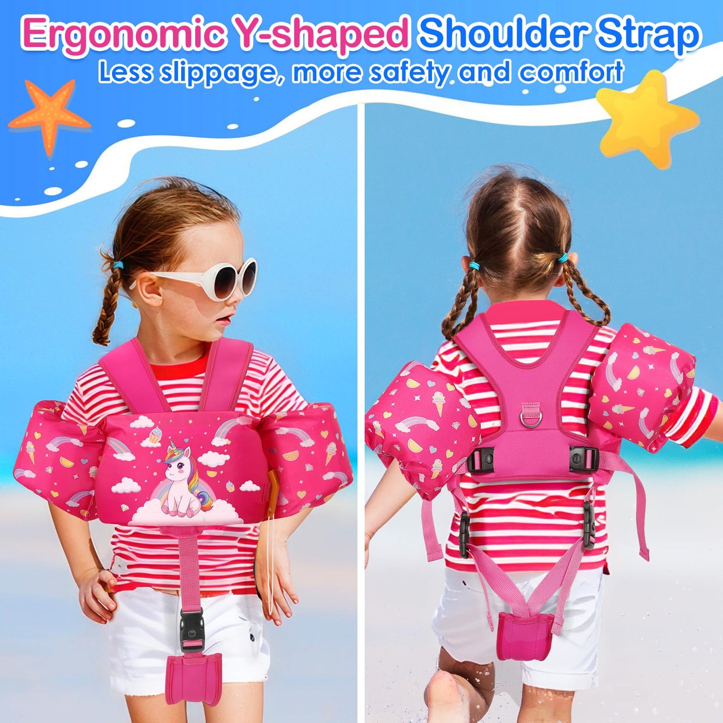 MoKo children's arm floats, toddler swim vest, swimsuit with adjustable strap, swim jacket water wings pool float, sea swimming aid for water sports learning swimming accessories, pink unicorn.