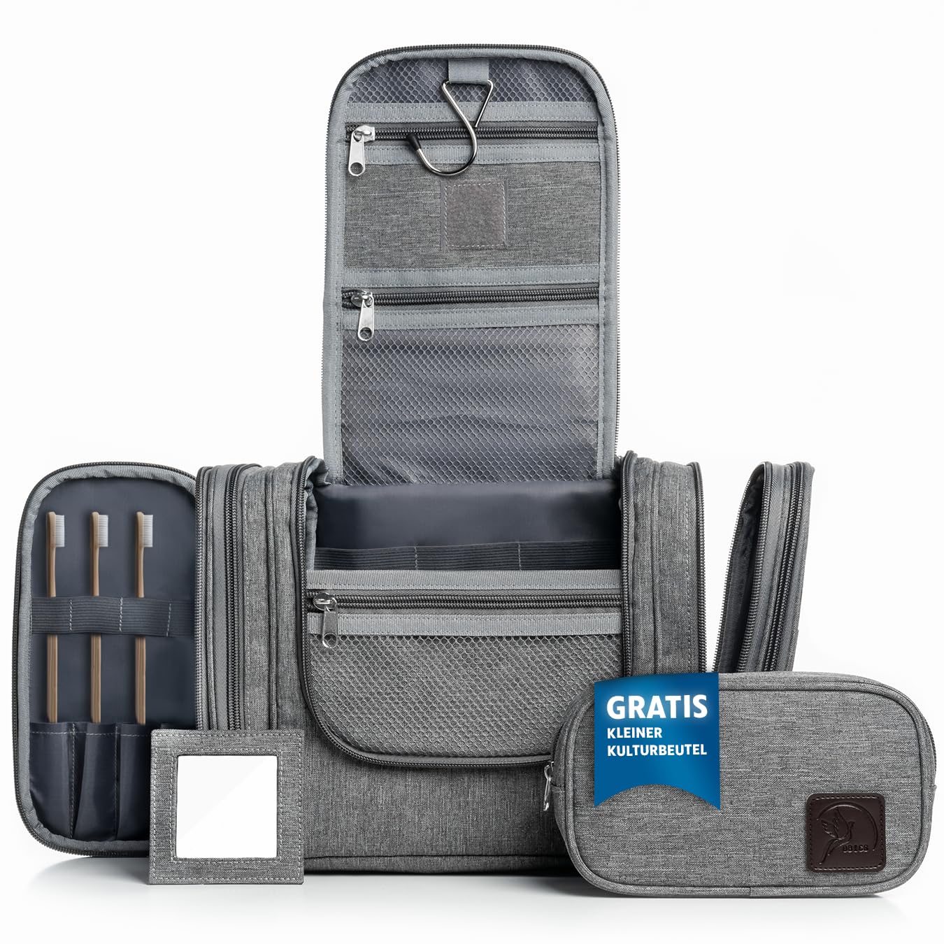 Obics toiletry bag men & women large grey 8L XL - toiletry bag with mirror & hanging hook - bathroom bag with handle - cosmetic bag large - travel toiletry bag 10 compartments for camping travel