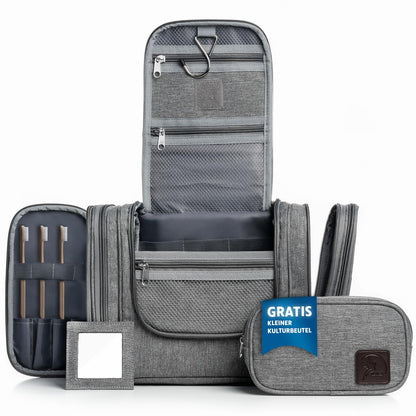 Obics toiletry bag men & women large grey 8L XL - toiletry bag with mirror & hanging hook - bathroom bag with handle - cosmetic bag large - travel toiletry bag 10 compartments for camping travel