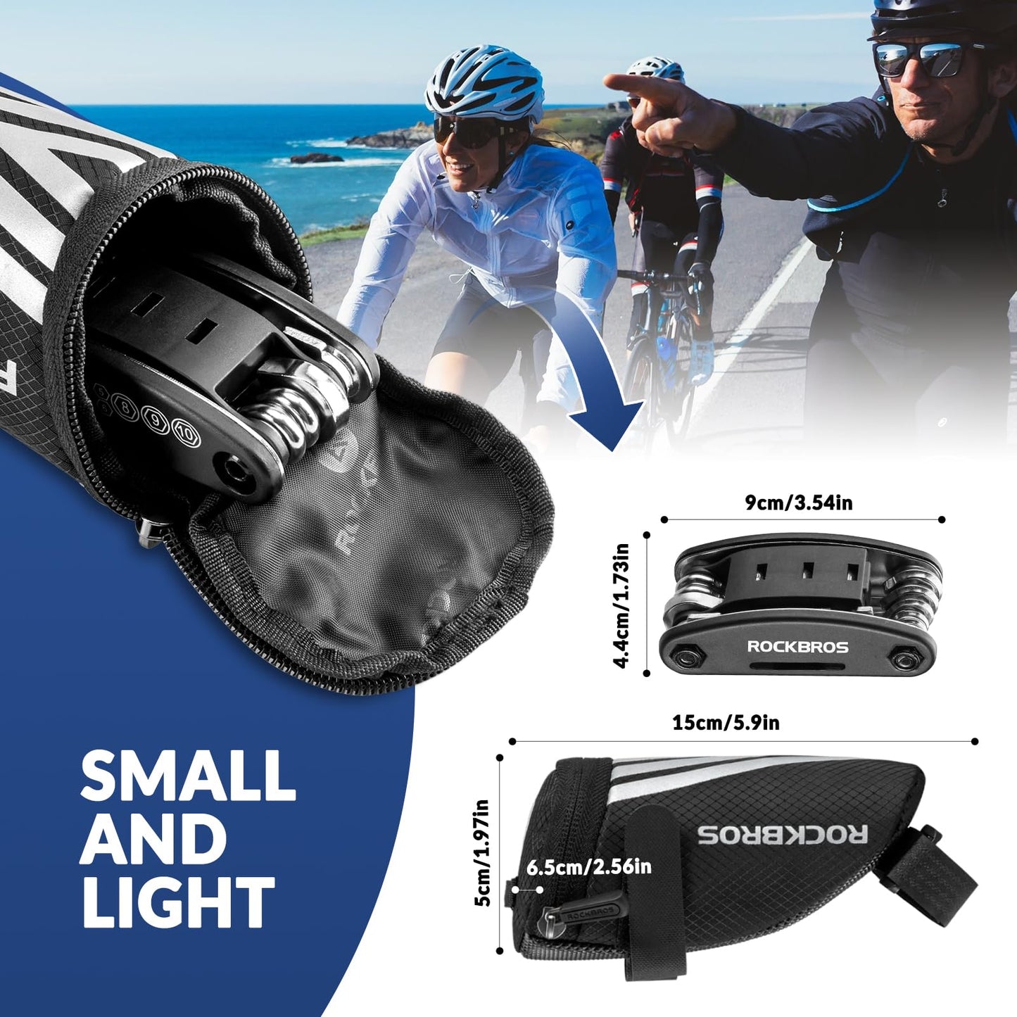 ROCKBROS bike saddle bag + 16 in 1 multifunction tool bicycle bag bike seat pack for mountain bikes, road bikes, and e-bikes 15 * 6.5 * 5CM