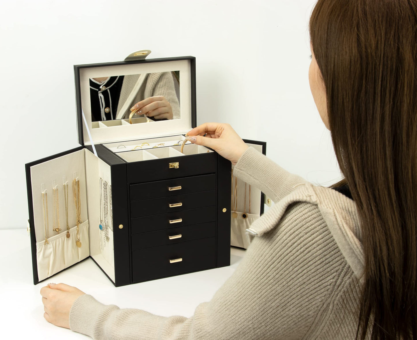 KAMIER 6-tier jewelry box made of high-quality natural wood with luxurious flannel and large mirror - Spacious jewelry case with side-opening doors for rings, earrings, & bracelets, Black