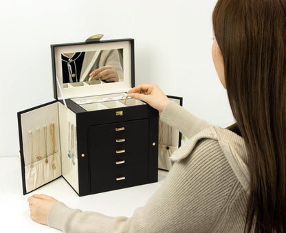 KAMIER 6-tier jewelry box made of high-quality natural wood with luxurious flannel and large mirror - Spacious jewelry case with side-opening doors for rings, earrings, & bracelets, Black