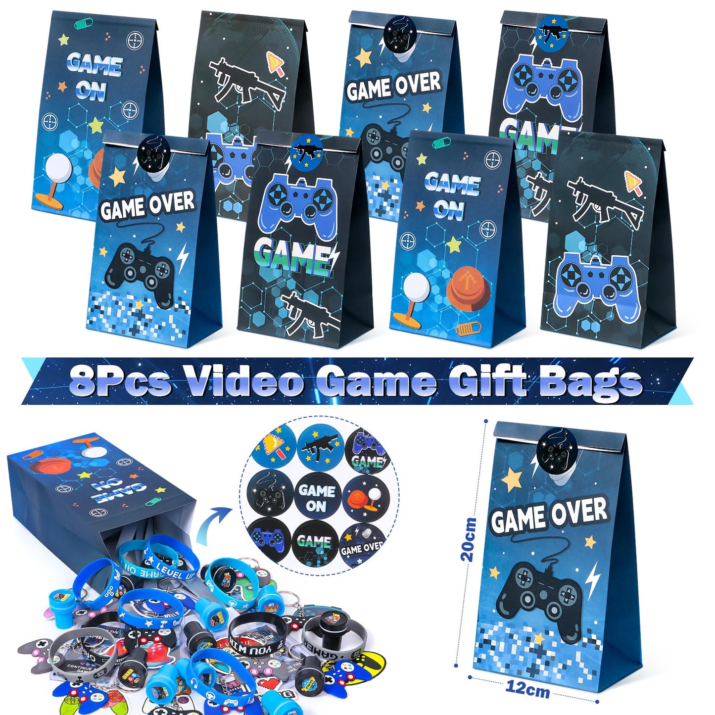 Video game party favors for kids' birthdays: straws, silicone bracelets, gift bags, stamps, gamer controller keychains, VIP pass stickers. Great giveaways for children!