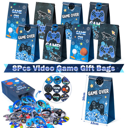 Video game party favors for kids' birthdays: straws, silicone bracelets, gift bags, stamps, gamer controller keychains, VIP pass stickers. Great giveaways for children!