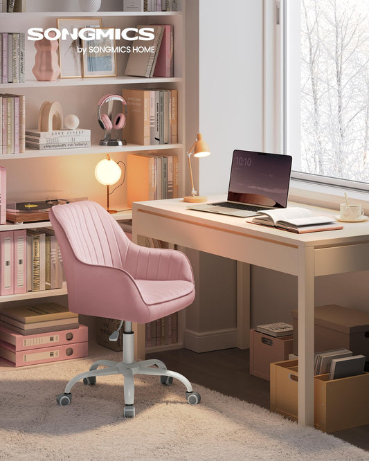 SONGMICS Office Chair, Swivel Chair with Velvet Cover, Foam Padding, Height Adjustable, for Home Office, Bar, Pastel Pink OBG012R01