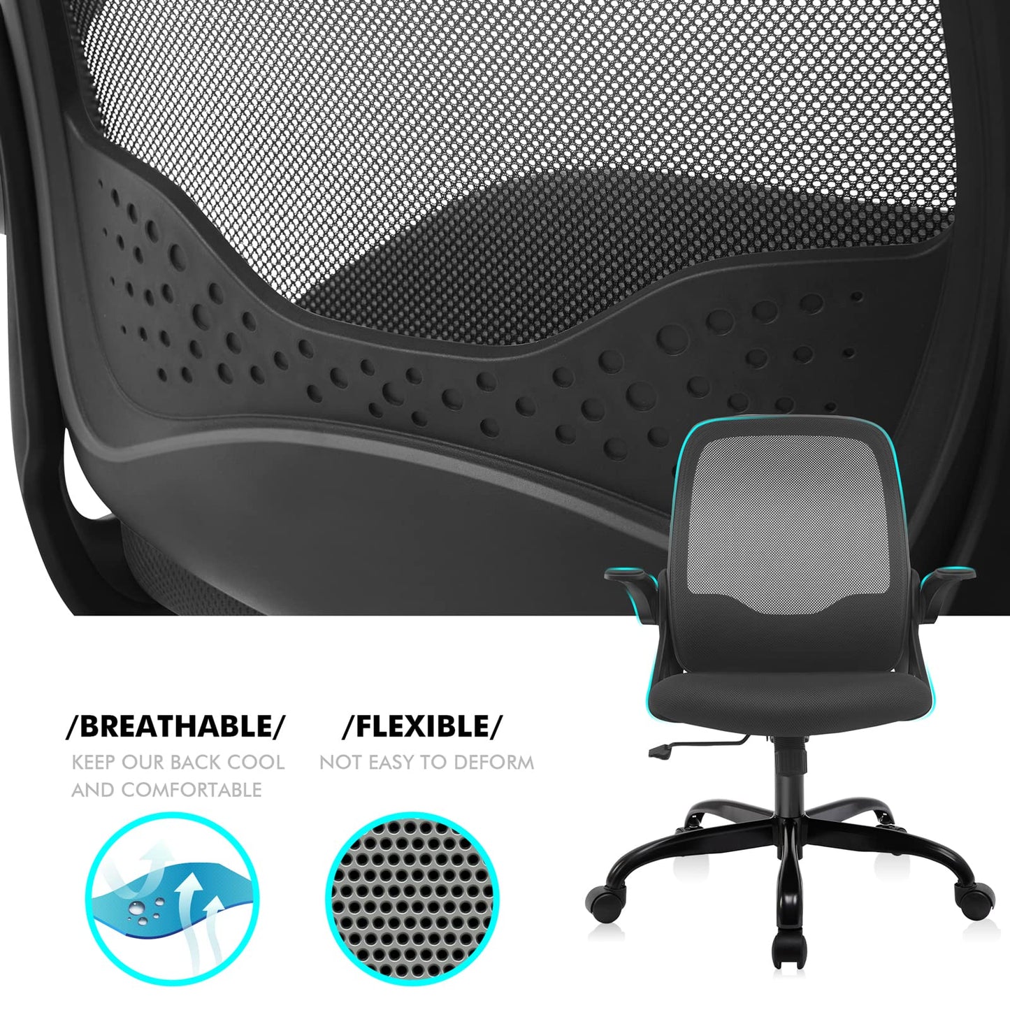 KERDOM Office Chair, Ergonomic Desk Chair with Folding Armrests, Mesh Computer Chair Work Chair Lightweight Chair, 360° Swivel Chair 933 Black