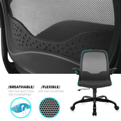 KERDOM Office Chair, Ergonomic Desk Chair with Folding Armrests, Mesh Computer Chair Work Chair Lightweight Chair, 360° Swivel Chair 933 Black