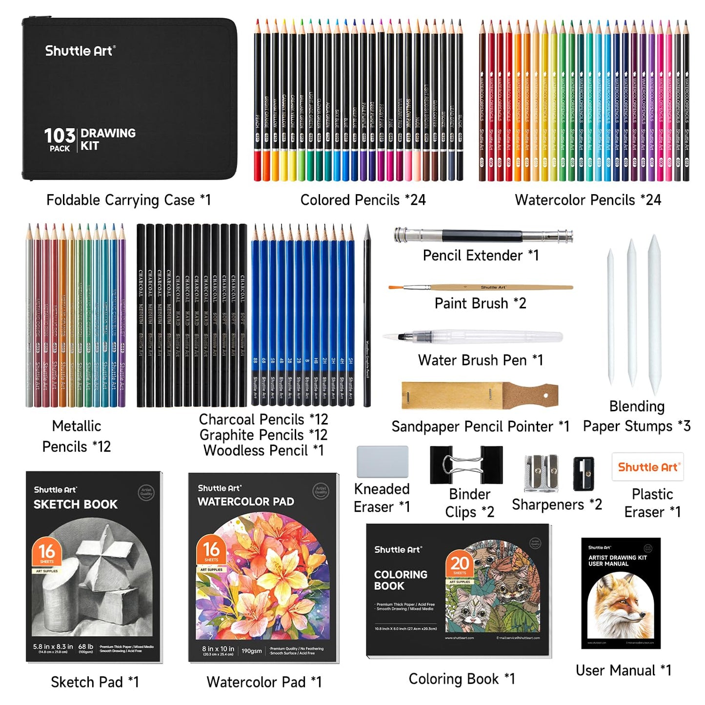 Shuttle Art 103 piece drawing set, artist set with colored pencils, drawing pencils, watercolor pencils and graphite pencils in a pencil case, suitable for children, adults for drawing.
