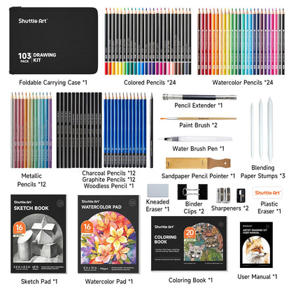 Shuttle Art 103 piece drawing set, artist set with colored pencils, drawing pencils, watercolor pencils and graphite pencils in a pencil case, suitable for children, adults for drawing.