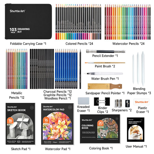 Shuttle Art 103 piece drawing set, artist set with colored pencils, drawing pencils, watercolor pencils and graphite pencils in a pencil case, suitable for children, adults for drawing.